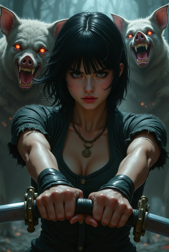 Create a realistic cover of a black-haired girl with bangs with two short swords in her hand and demons with the faces of pigs and wolves behind