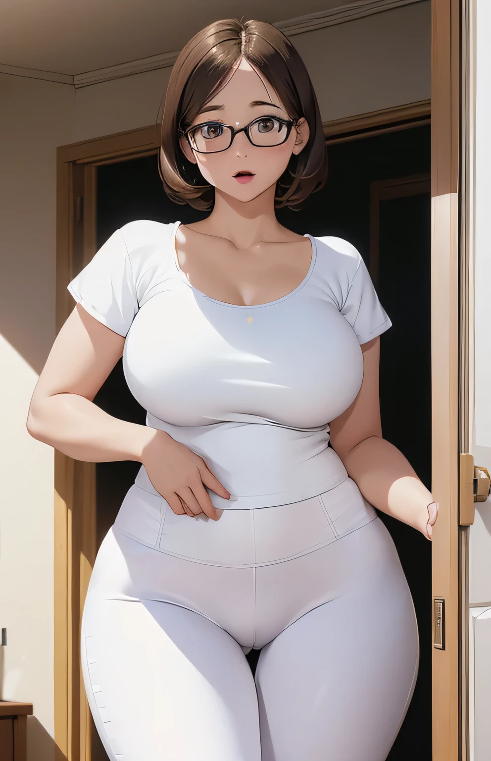 8k, high definition ,masterpiece, Accurate,  Anatomically Accurate , number々Awards, 最High image quality,  high definition モデル, High image quality,  high detail,  very detailed ,(giganticbreasts1.8)(Curvy:1.1)(((On the way to undressing )))(look back)( embarrassed )( with red cheeks )
V-neck,(Jersey), clavicle, (white tight pants :1.5),bigお尻,door, doorway, indoors, (( slouching forward)), opening door, open your mouth 、 nipple above your right chest、big  spilling out、big 、Glasses、 plump 、 shorthair 、 slouching forward、(Panties are visible:1.2)(((View from behind)))