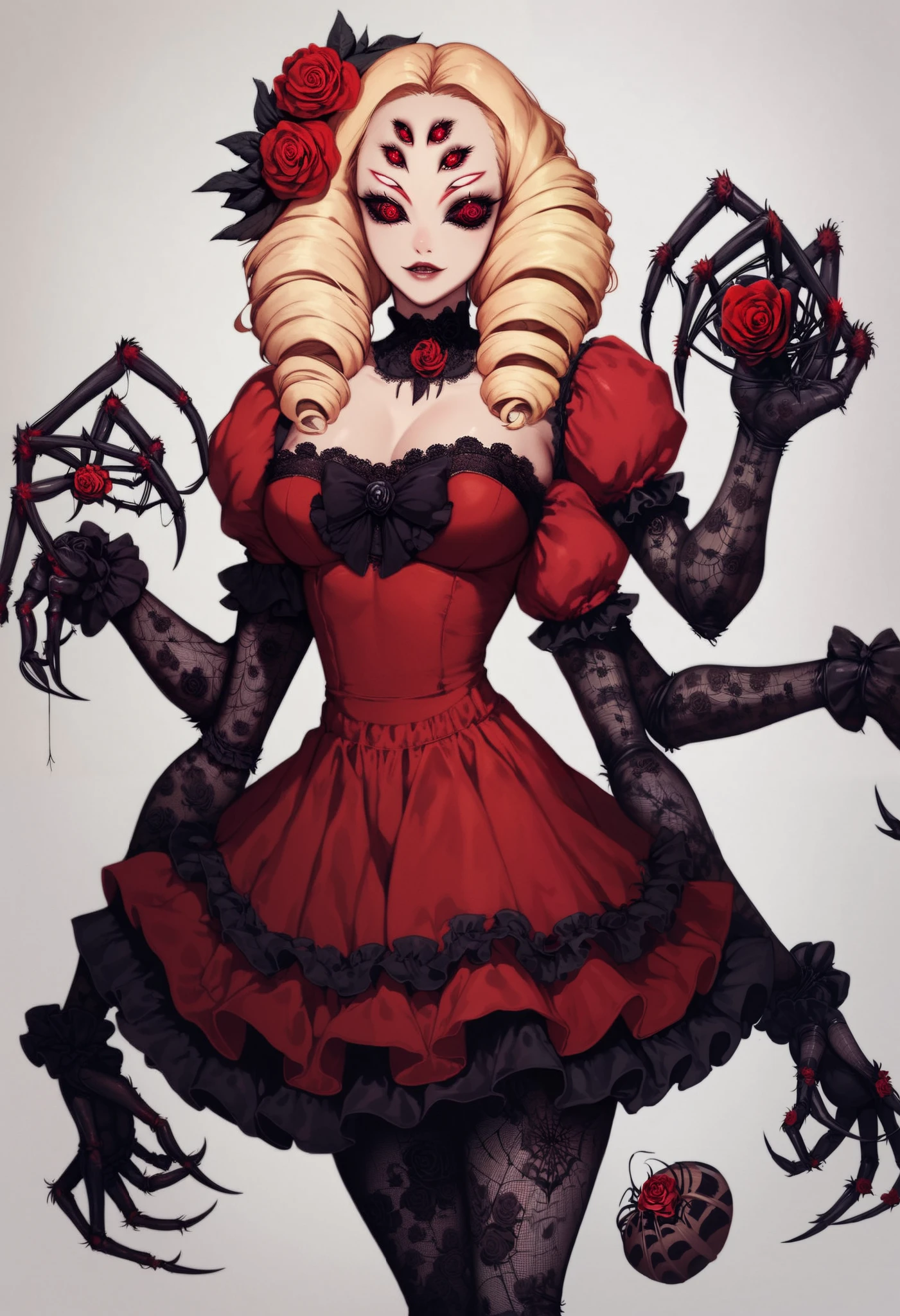 Spider girl. Lady. Twin drill hair. Blonde hair. Red eyes. Horror eyes. Black and red dress. Frills. Dark fantasy. Multiple arms. Sharp claws. Bio-armor chest. Spider web dress. Insect legs. Spider-themed hair accessory. Spider web patterned tights. Lace gloves. Spider eyes on forehead. Scornful expression. Rose flower.