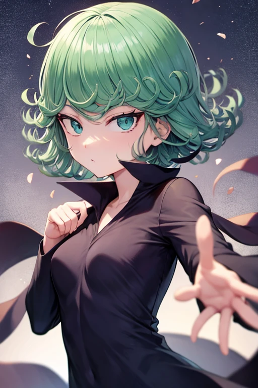 masterpiece, best quality, 1girl, solo, breasts, looking_a t_viewer, blush, medium_breasts, full_body, lying, on _back, armpits, arms_up, covered_navel, bed _sheet,, bedroom background, long t-shirt, green hair, (tatsumaki: 1.7)