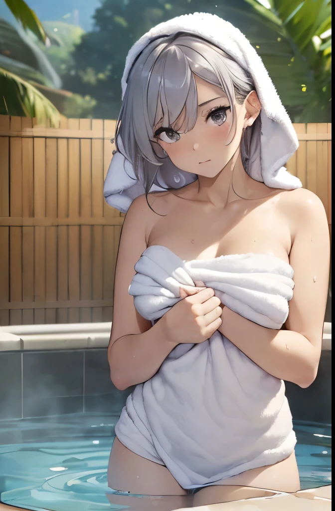 (masterpiece:1.5), ( best quality:1.2),((( well-prepared face))),female 1 person,((Alone)),(((Bathing))),(( the fully drawn costume )),( high definition :1.2)(( Details)),( surprised expression, embarrassed expression),((( slightly brownish white hair, hair that reaches the shoulders ))),(( Blurry Background ),((( Outdoor Bath))),(((hot spring))),((Grab a towel)),((Thin towel, I can see lines on my body)),(((Open towel,Skin is visible))),(((towel over naked)))