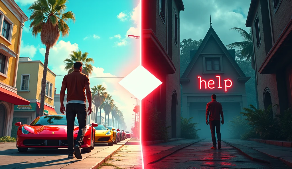 "Create an image that shows a transition between two game scenes. On the left side, display a bright and vibrant city scene with a main character walking towards sports cars, surrounded by palm trees and colorful buildings. Label this section 'New Game.' On the right side, depict a more eerie setting with a different character standing in front of an old, worn-down house with 'HELP' written in red, resembling a horror environment. Label this section 'Horror House.' Use a seamless blend with an arrow pointing from the left to the right to show progression from one scene to the other."