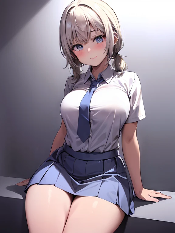 masterpiece, best quality, ultra-detailed, illustration,1girl, Short white hair in pigtails, White school shirt, short sleeves, Light blue tie, light blue short skirt, blush, big breasts, Big thigh, Look to the Lower, simple background, solo, very sexy, shy expression, cute, white background, Smiling cutely, Sitting pose