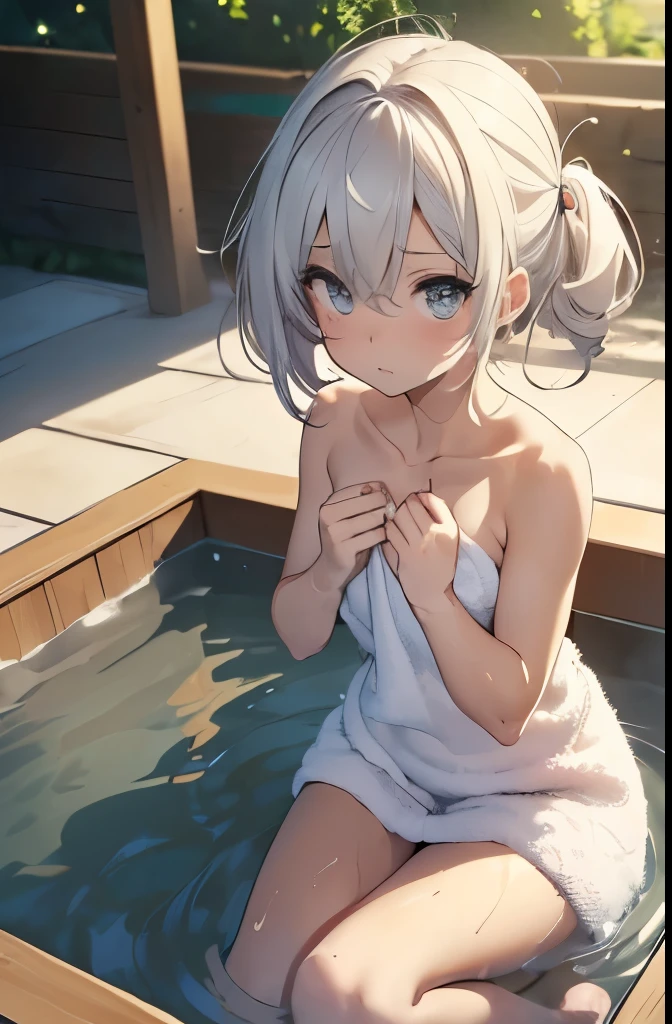 (masterpiece:1.5), ( best quality:1.2),((( well-prepared face))),female 1 person,((Alone)),(((towel that sticks to the body ))),(((Bathing))),(( the fully drawn costume )),( high definition :1.2)(( Details)),( embarrassed expression),((( slightly brownish white hair, hair that reaches the shoulders ))),((( sitting in the bathtub ))),(( Blurry Background ),((( Outdoor Bath))),(((Looking up))),(((hot spring))),(( holding a towel )),((Thin towel, I can see lines on my body))