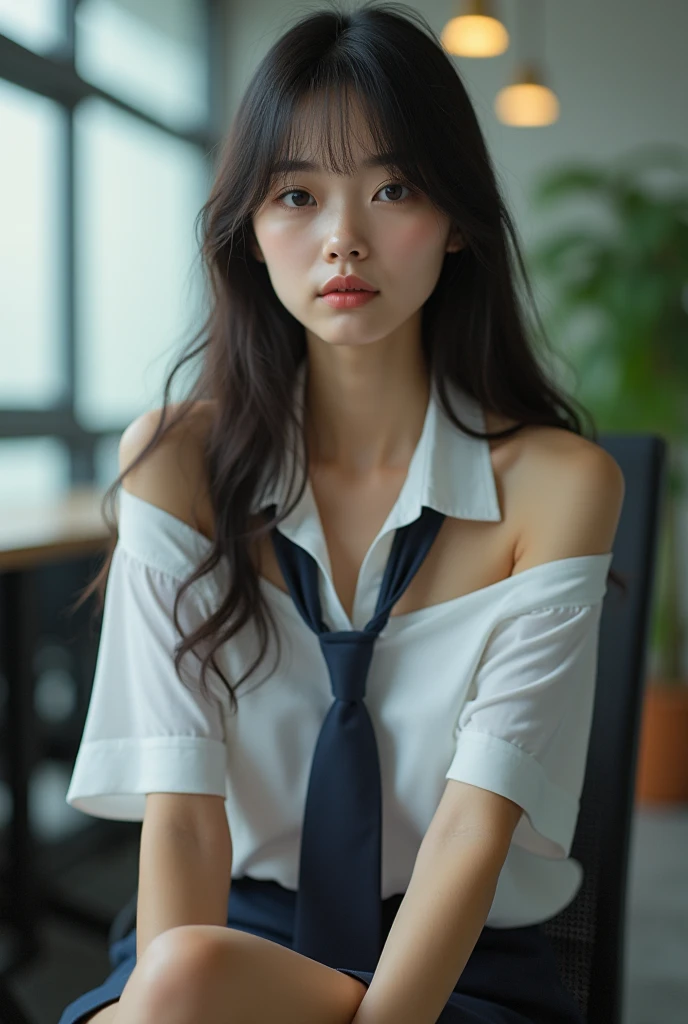 1girl, downblouse, , munechira, small breasts, small chest, long seeves shirt ,plus decorated detailed bra within, leaning forward, expressionless , desk, school,necklace , school