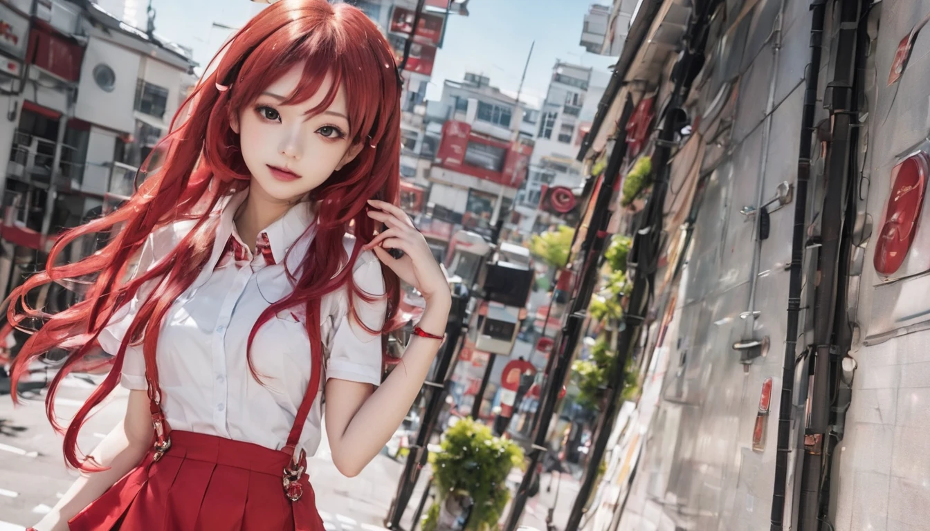 VOCALOID, side top pigtails, red curly hair, bangs, slim body, very large breasts, ball shaped breasts, red eyes, red contact lenses, hair between the eyes, red hair, nice legs, drill curls, beautiful Japanese woman, five fingers, realistic, voluptuous body, full body, outdoors, walking on snowy road wearing sweater and coat