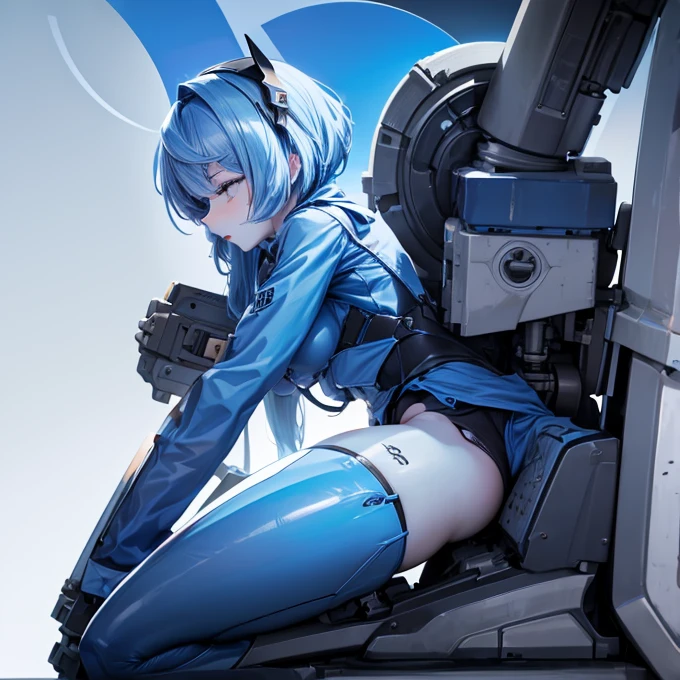   machine shaped to mimic a woman's upper body　 (((  woman has a penis between her legs )))　Blue hair sleeping on a machine  　 legs open