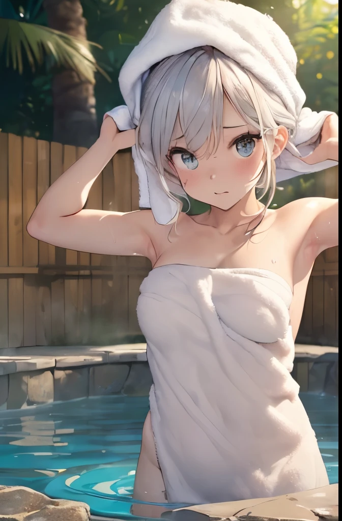 (masterpiece:1.5), ( best quality:1.2),((( well-prepared face))),female 1 person,((Alone)),(((Bathing))),(( the fully drawn costume )),( high definition :1.2)(( Details)),( surprised expression, embarrassed expression),((( slightly brownish white hair, hair that reaches the shoulders ))),(( Blurry Background ),((( Outdoor Bath))),(((hot spring))),((Grab a towel)),((Thin towel, I can see lines on my body)),(((Open towel,Skin is visible))),(((towel over naked))),(((spread arms,spread towel,grabbing towel)))