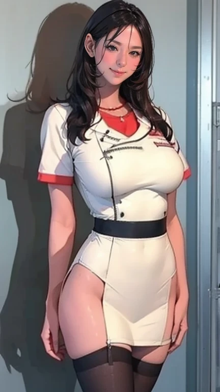  There is a nurse in the hospital wearing a nurse's uniform  、 black stockings in a dark prison、Long Hair、  thin waist、  Big Breasts Covered  、Smiling Kindly