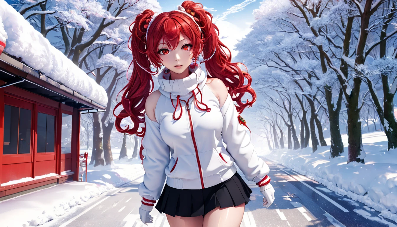 VOCALOID, side top pigtails, red curly hair, bangs, slim body, very large breasts, ball shaped breasts, red eyes, red contact lenses, hair between the eyes, red hair, nice legs, drill curls, beautiful Japanese woman, five fingers, realistic, voluptuous body, full body, outdoors, walking on snowy road wearing sweater and coat