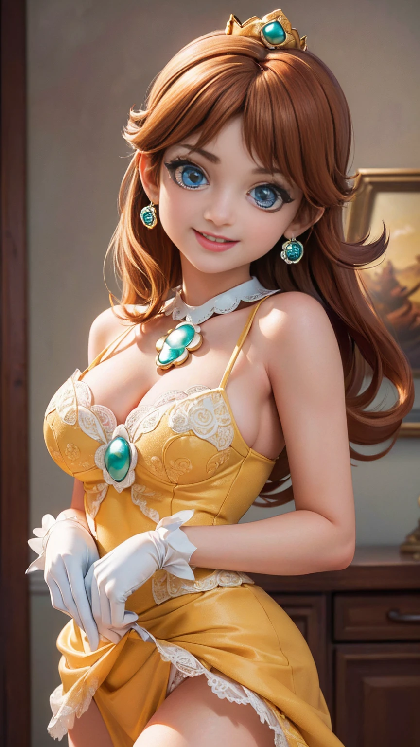 ((masterpiece,best quality,ultra-delicate,Perfect Face,detailed eyes,16k,high resolution,very beautiful girl)), princess daisy, yellow dress, white gloves, brown hair,large breasts,cowboy shot,smile,energetic