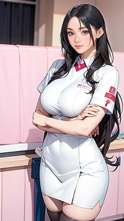  There is a nurse in the hospital wearing a nurse's uniform  、 black stockings in a dark prison、Long Hair、  thin waist、  Big Breasts Covered  、Smiling Kindly