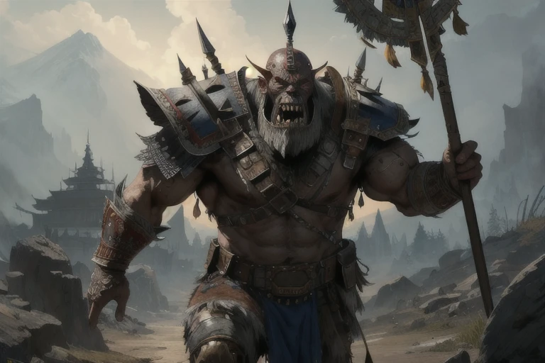 one ork, turk armor, dai li hat, polearm, muscular, full body focus, (masterpiece:1.2) (illustration:1.2) (best quality) (detailed) (intricate) (8k) (HDR) (wallpaper) (cinematic lighting) (sharp focus)(highly detailed face) 