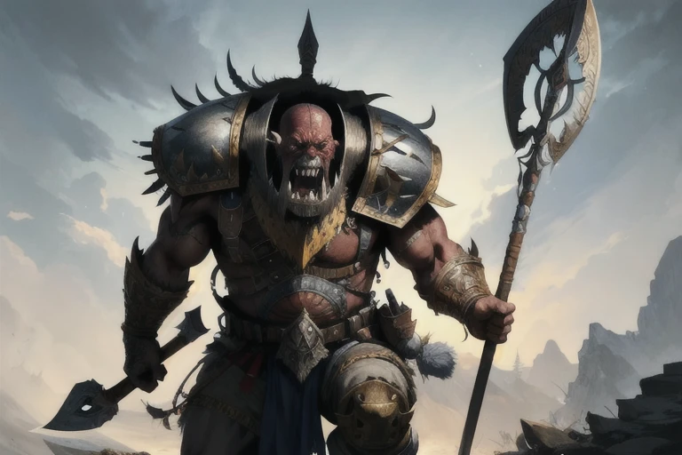 one ork, turk armor, dai li hat, polearm, muscular, full body focus, (masterpiece:1.2) (illustration:1.2) (best quality) (detailed) (intricate) (8k) (HDR) (wallpaper) (cinematic lighting) (sharp focus)(highly detailed face) 