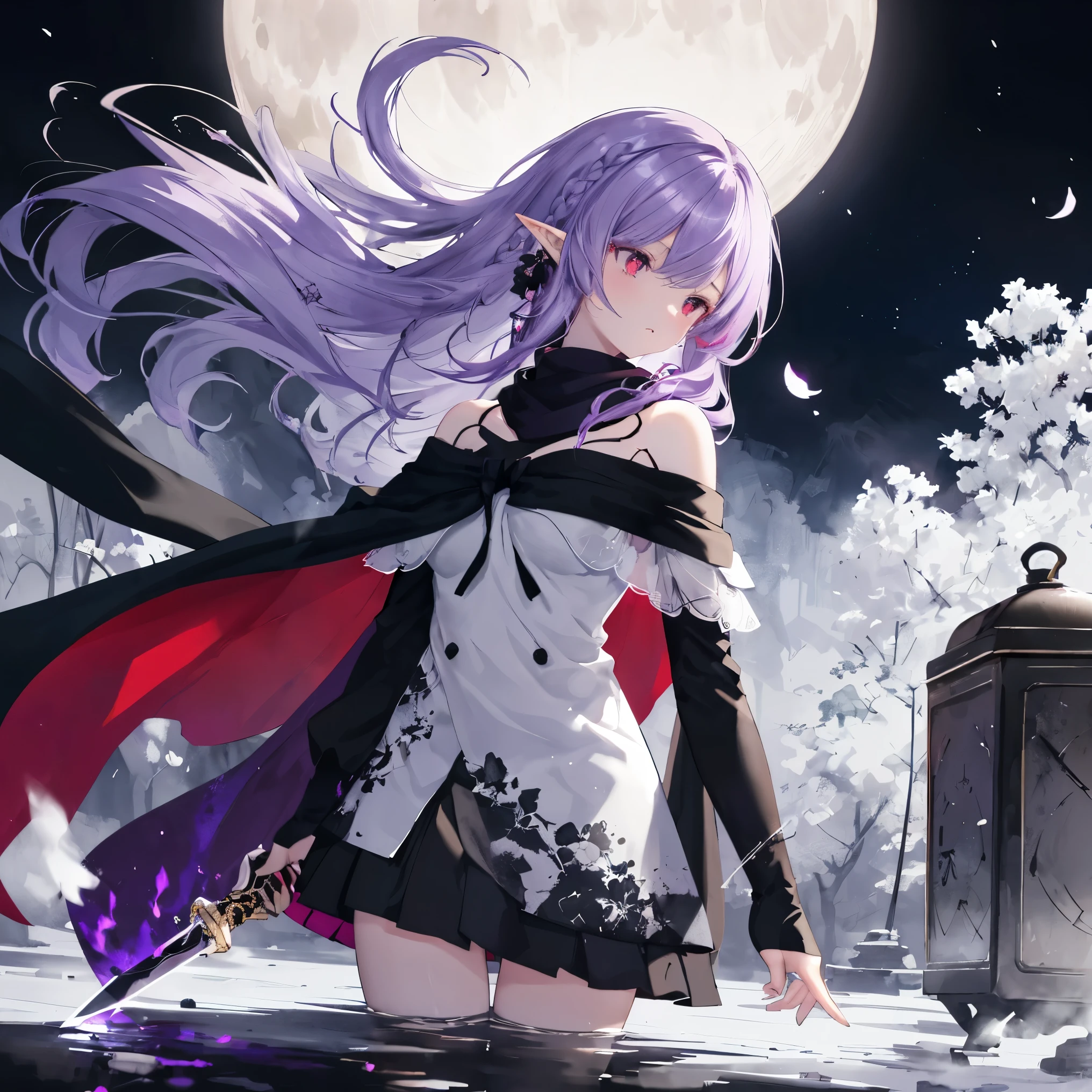      high quality, masterpiece, Delicate hair,   Delicate Eyes  , Delicate hair, ((masterpiece, 最     high quality)),      high quality, masterpiece, Delicate hair,   girl  ,( Purple Hair)),((red eyes)), Daikon,Long Hair,Elf Ears,(  Black Longsword   ),(loose Long Hair),((Black Cape)),(Cape Hood),(Red Stove    ),scarf,Moon in the Sky, knight ,   Floating purple flower autumn ,      Strong Shadows     ,Ash,,ice,((Ink wAsh painting)),((ink splAshing)),((color splAshing)),