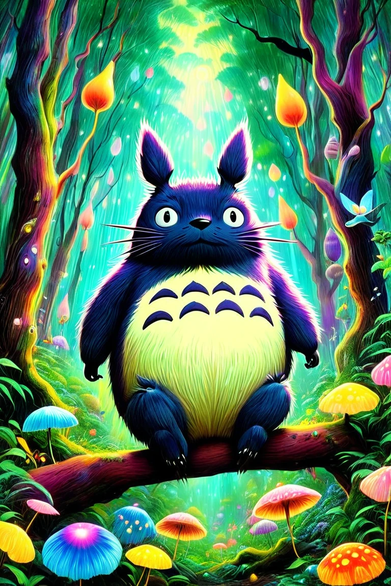 森の中に立っているTotoro、Totoro、my neigbor  stretch , dreamy  psychedelic  anime,  stretch , Vivid cartoon art, of  stretch , Trippy Art, “ stretch , It&#39;s a deep dream,  Studio Ghibli and Mumford ,  psychedelic  art style, Ghibli colorful ,  psychedelic !!!!!!!!!!!!!!!!!!!!!, Ghibli atmosphere,  psychedelic  trip,  stretch  sitting in a forest