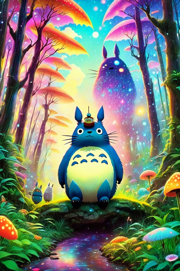 森の中に立っているTotoro、Totoro、my neigbor  stretch , dreamy  psychedelic  anime,  stretch , Vivid cartoon art, of  stretch , Trippy Art, “ stretch , It&#39;s a deep dream,  Studio Ghibli and Mumford ,  psychedelic  art style, Ghibli colorful ,  psychedelic !!!!!!!!!!!!!!!!!!!!!, Ghibli atmosphere,  psychedelic  trip,  stretch  sitting in a forest