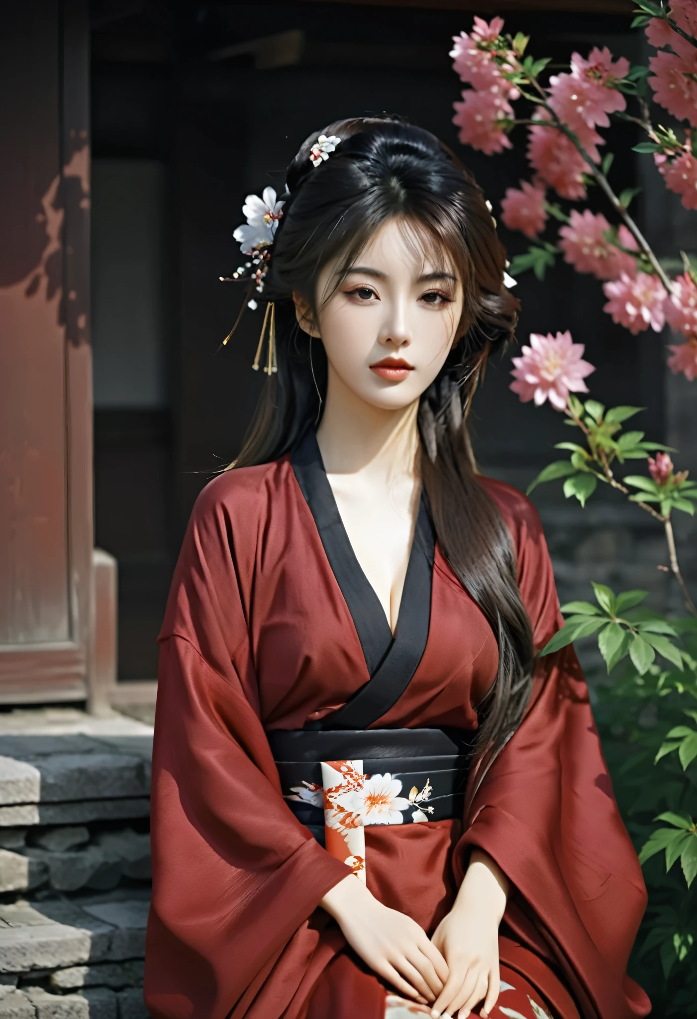 sexy japanese woman , (), slim healthy body, long brown hair in large curls , wearing a sexy black and dark red japanese traditional kimono {x}, leaning on flower wall, in the background looking directly at the camera , sitting inside burning castle, , Realistic, (beautiful and ample breasts:1.5) and a huge waist, holding up busts with hands, dynamic sexy poses,