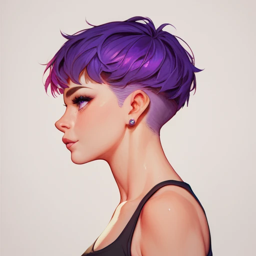  1 girl,  shortcut , Purple Hair　profile simple background,  best quality, 