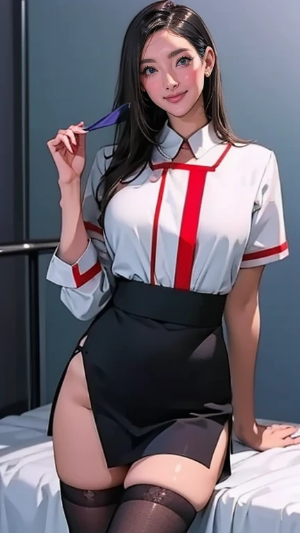  There is a nurse in the hospital wearing a nurse's uniform  、 black stockings in a dark prison、Long Hair、  thin waist、  Big Breasts Covered  、Smiling Kindly