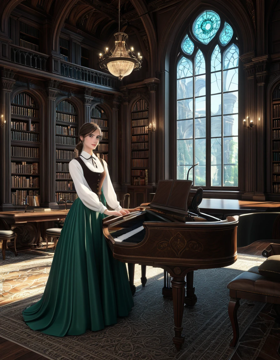 sketch sits at the piano and a man plays it ((with brown eyes)), Beautiful, brown short hair in a white shirt,  dark gray classic vest , black trousers ,  and next to her is a girl with long brown hair and blue eyes ,  in a short emerald dress, a modern Arafed room with a piano and a window in it, gothic epic library concept, gothic epic library, gothic library, alchemist library , unreal engine render concept art, castle library, dusty library,  unreal fantasy art engine, ancient library, library of ruina concept art, photorealistic dark concept art,  dramatic lighting . concept art, inside a castle library, Старая библиотека photo realistic illustration, hyper realistic illustration, realistic illustration, photorealistic detail , hypper realistic illustration, extreme realistic detail, photorealistic detail ed picture, с unreal engine render concept art, ), Ultra-detailed and beautiful face,( Gentle facial expression :1.1),translucent white skin,(Реалистичный skin texture:1.1), , Bold design , Art design ,Beautiful and detailed pattern, Detailed fabric texture,