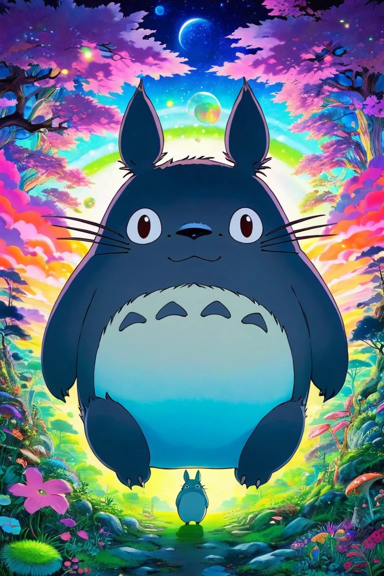 森の中に立っているTotoro、Totoro、my neigbor  stretch , dreamy  psychedelic  anime,  stretch , Vivid cartoon art, of  stretch , Trippy Art, “ stretch , It&#39;s a deep dream,  Studio Ghibli and Mumford ,  psychedelic  art style, Ghibli colorful ,  psychedelic !!!!!!!!!!!!!!!!!!!!!, Ghibli atmosphere,  psychedelic  trip,  stretch  sitting in a forest