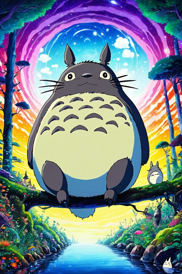 森の中に立っているTotoro、Totoro、my neigbor  stretch , dreamy  psychedelic  anime,  stretch , Vivid cartoon art, of  stretch , Trippy Art, “ stretch , It&#39;s a deep dream,  Studio Ghibli and Mumford ,  psychedelic  art style, Ghibli colorful ,  psychedelic !!!!!!!!!!!!!!!!!!!!!, Ghibli atmosphere,  psychedelic  trip,  stretch  sitting in a forest