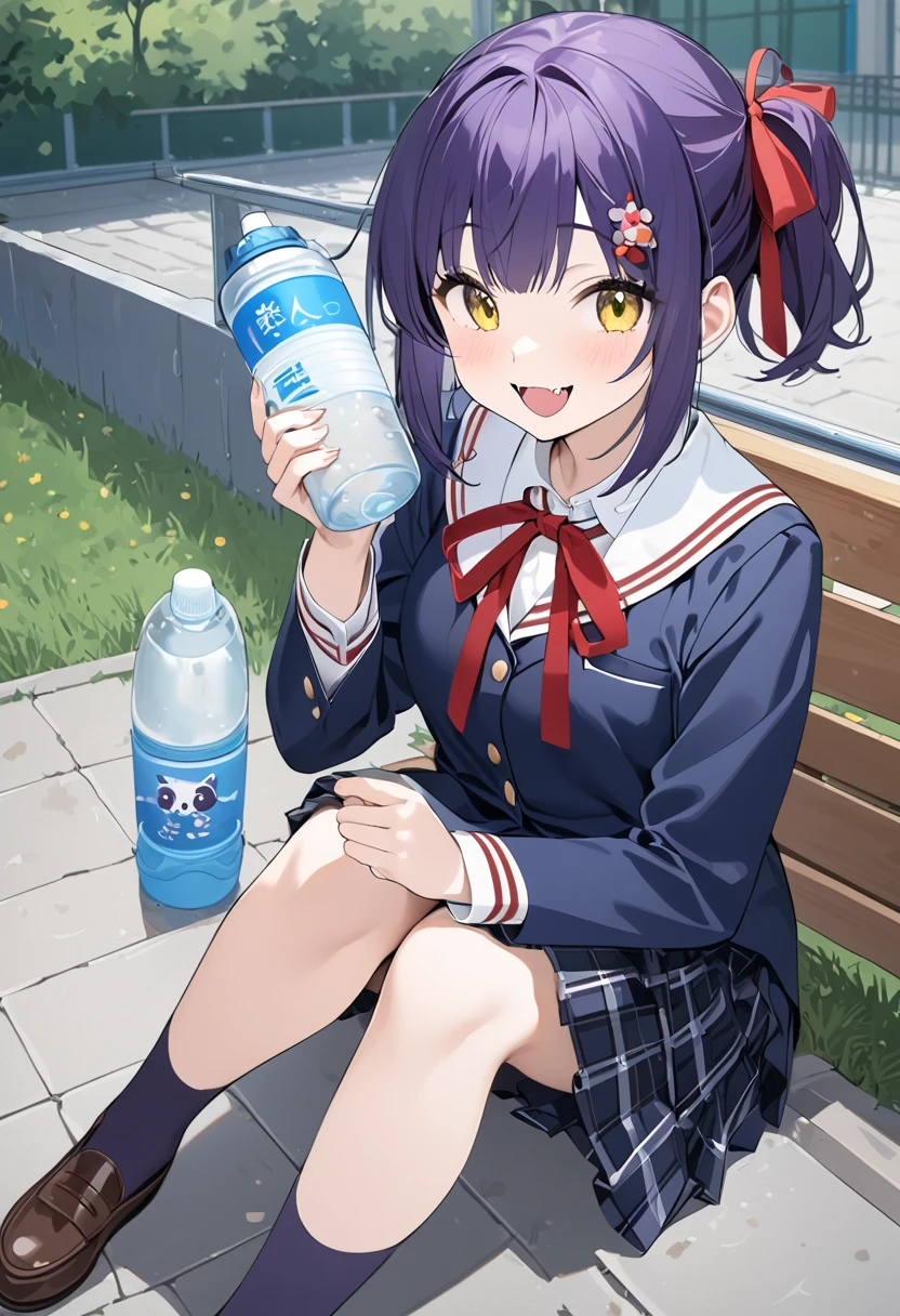  best quality、There is only 1 girl in the picture、There are no animals、、 short ponytail、 Big Ribbon Hair Ornament 、Dark purple hair、 yellow eyes、Cute Fangs、Red Ribbon Necklace 、 school uniform、brown school bag、Navy blue socks、Brown shoes、smile、Schoolyard Bench 、 sitting、I'm drinking water from a PET bottle