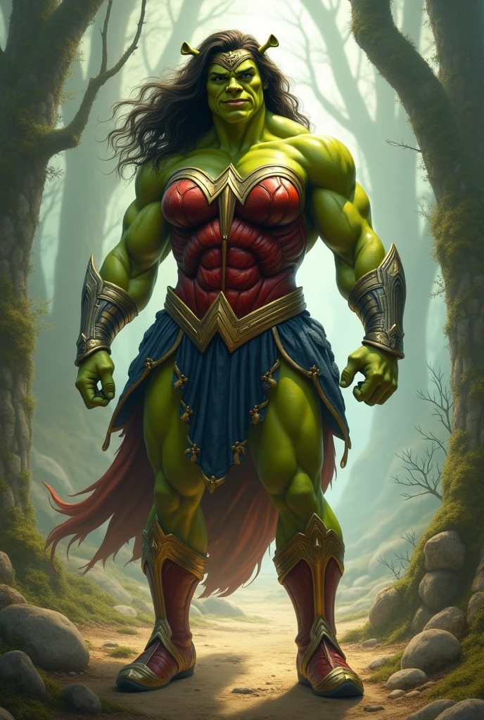 A very big, buff, giant, topless female bodybuilder, she hulk, green skin, black hair, with huge arms and huge legs, big boobs, flexing her enormous, giant muscles, wearing ripped jean shorts, topless, ruined city, city destruction, burning crushed cars, photorealistic, wearing reading glasses