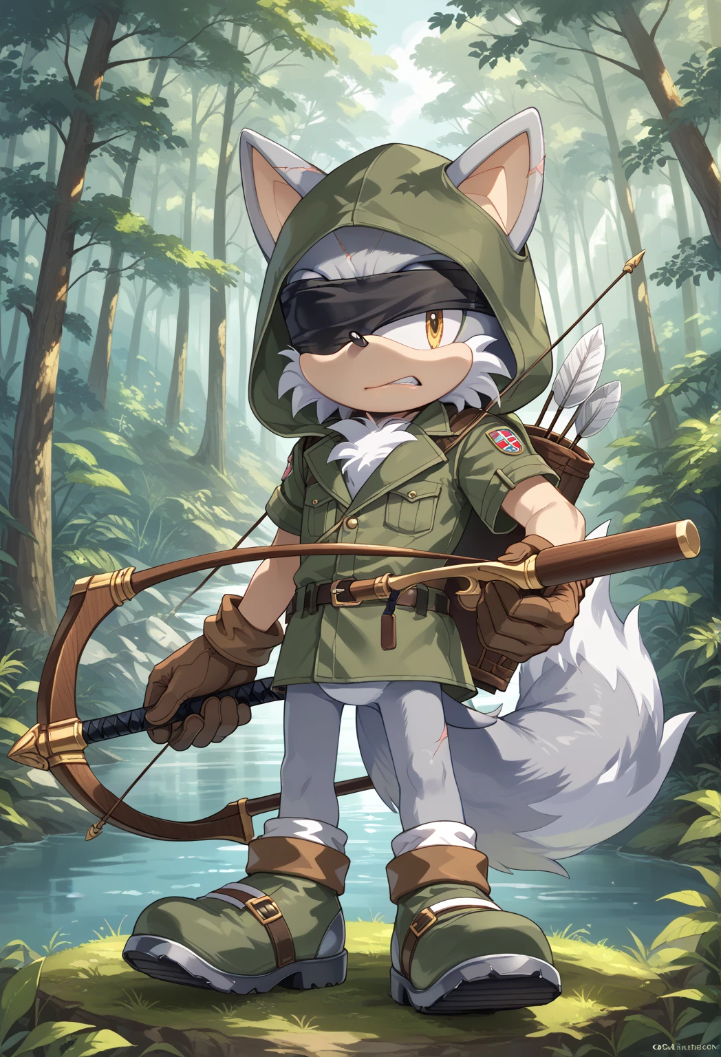 Male Wolf, ((Sonic character oc )), Male adult, ( silver fur in all body ), ( light gray inner ears ), (Alone), ( Short and messy hair ), forest, Left eye Blind , scar near the left eye that crosses the left eye diagonally, bow and quiver, con un hunter bow , Archery, wears a hood, brown gloves with cut toes and boots, yellow Eyes, Day time, ((mobian)), moebius forest, ranger clothing, (Fluffy Fur), Large Fluffy Tail, Serious poses, blindfold only one eye, with a Robot crow on the shoulder