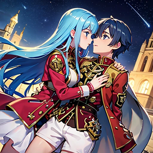 A girl with blue eyes and light blue hair, red blouse with gold plates on her body, pink panties, a gold bracelet and white skirt affectionately kissing a boy with short black hair on the lips, ojos marrones, lentes, red jacket with a night castle behind them and shooting stars in the sky