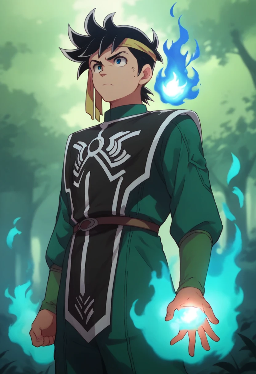 Pop a boy with black hair ,  with yellow ribbon tied around his head ,  standing with his arms open and performing a fire spell ,  in his right hand he holds a flame and in his left he holds a blue fire ,  in the background there is a forest half with fire and the other half with ice .