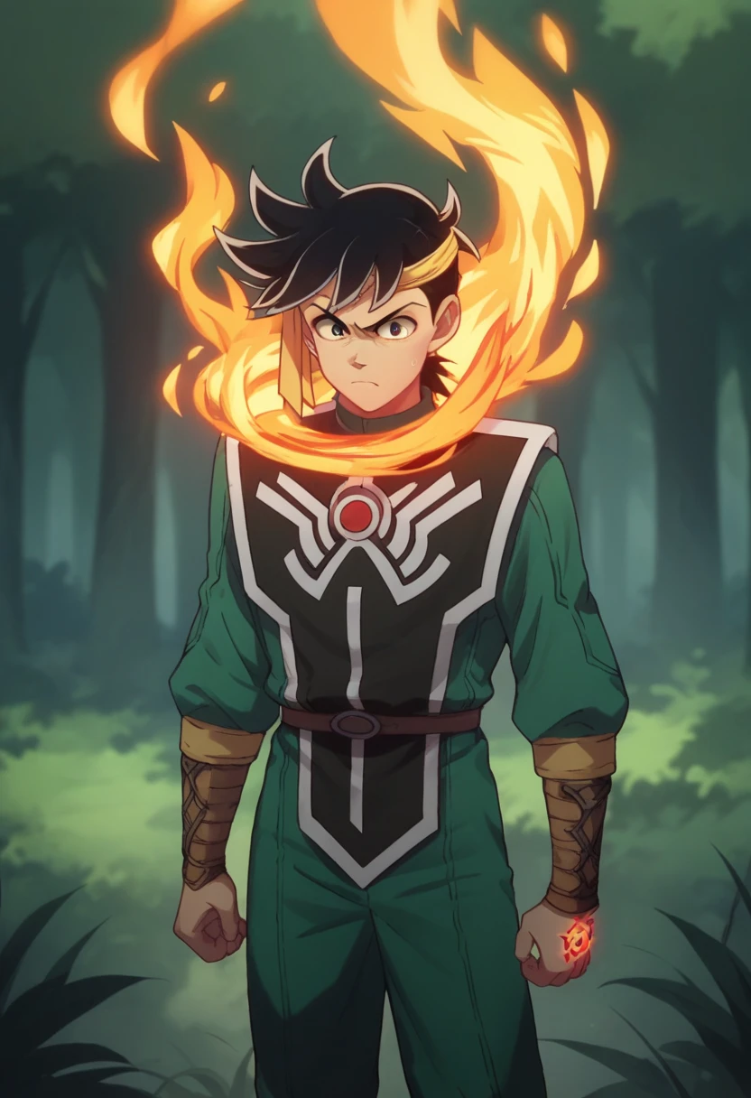 Pop a boy with black hair ,  with yellow ribbon tied around his head ,  standing with his arms open and performing a fire spell ,  in his right hand he holds a flame and in his left he holds a blue fire ,  in the background there is a forest half with fire and the other half with ice .