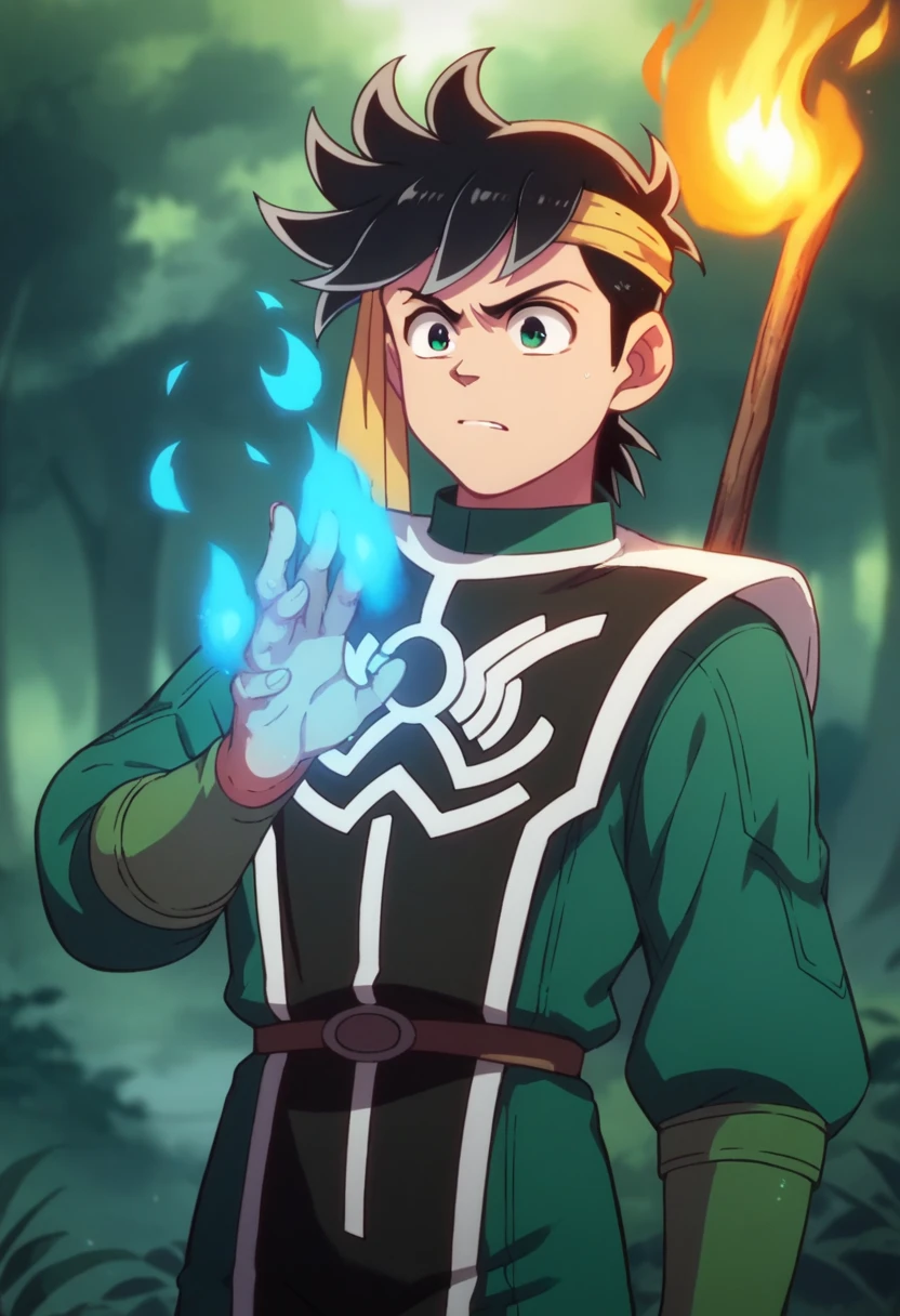 Pop a boy with black hair ,  with yellow ribbon tied around his head ,  standing with his arms open and performing a fire spell ,  in his right hand he holds a flame and in his left he holds a blue fire ,  in the background there is a forest half with fire and the other half with ice .