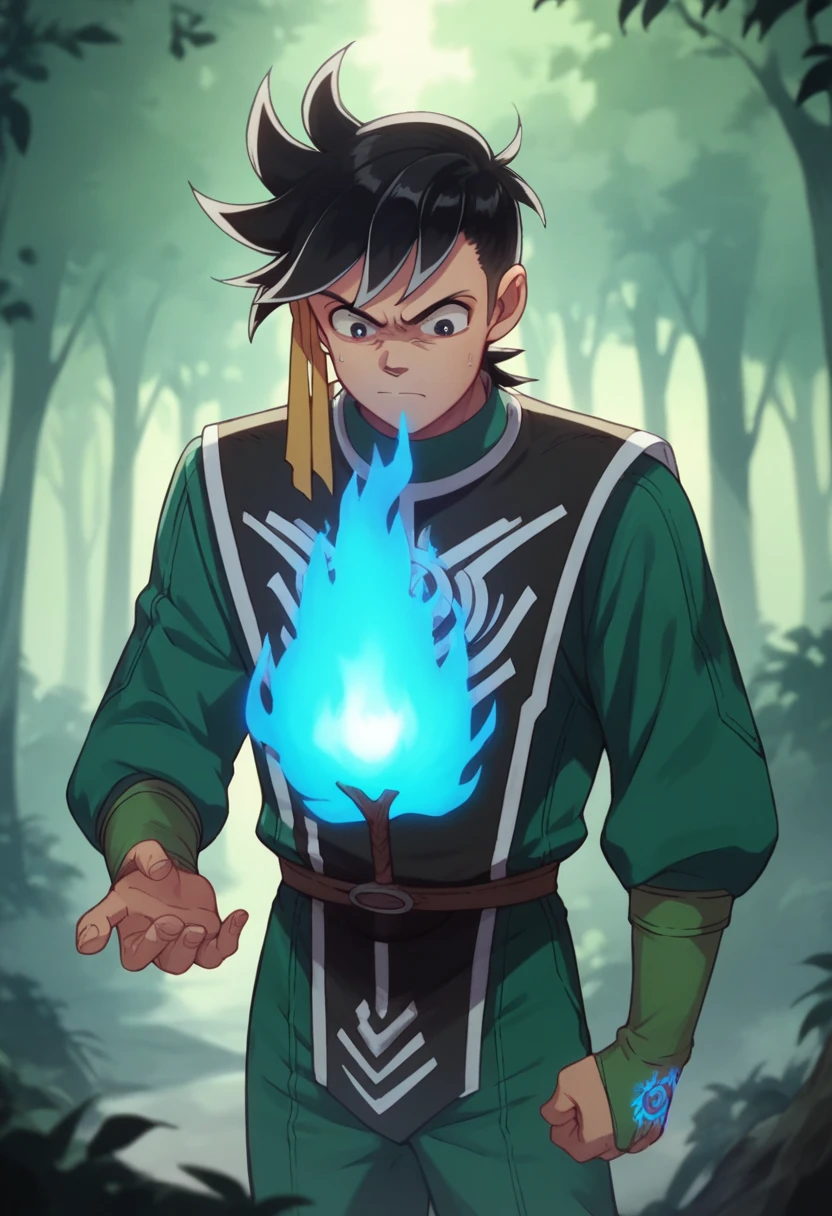 Pop a boy with black hair ,  with yellow ribbon tied around his head ,  standing with his arms open and performing a fire spell ,  in his right hand he holds a flame and in his left he holds a blue fire ,  in the background there is a forest half with fire and the other half with ice .