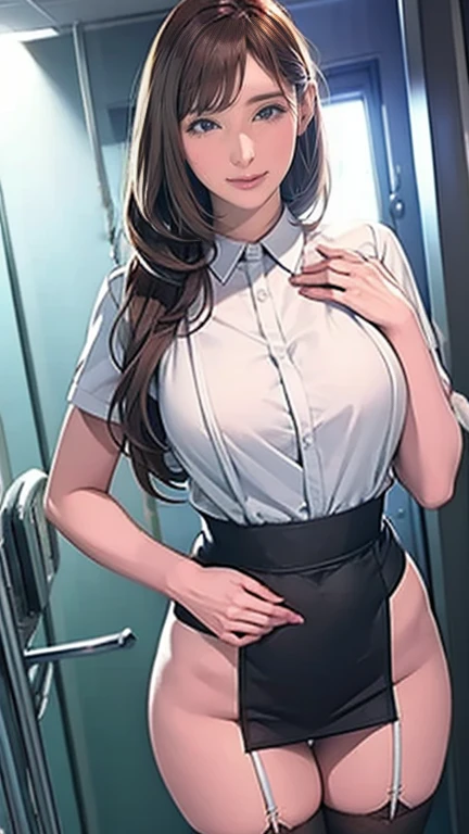  There is a nurse in the hospital wearing a nurse's uniform  、 black stockings in a dark prison、Long Hair、  thin waist、  Big Breasts Covered  、Smiling Kindly