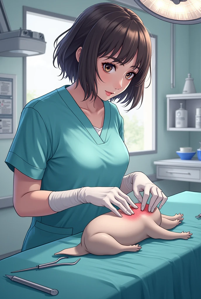 an anime character: A woman with slightly dark skin and brown eyes. Her hair is short with black roots and the rest of her hair is reddish purple with bangs and a layered cut.. She wears a lab coat and a mask on the operating table operating on a dog..
