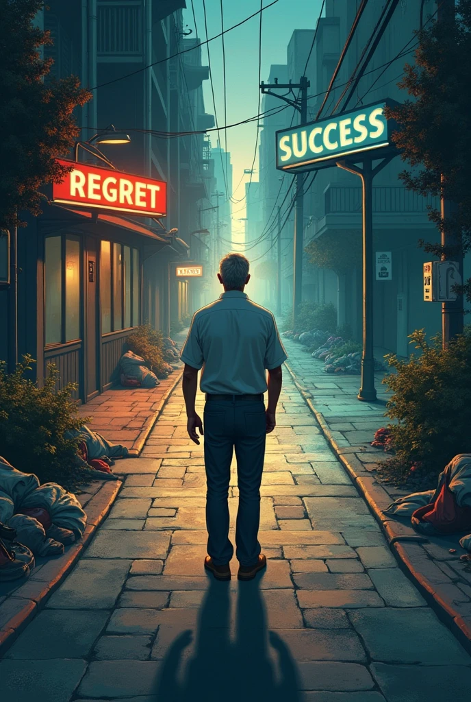 Give me a image a man have a choice to regret by being lazy and another ...