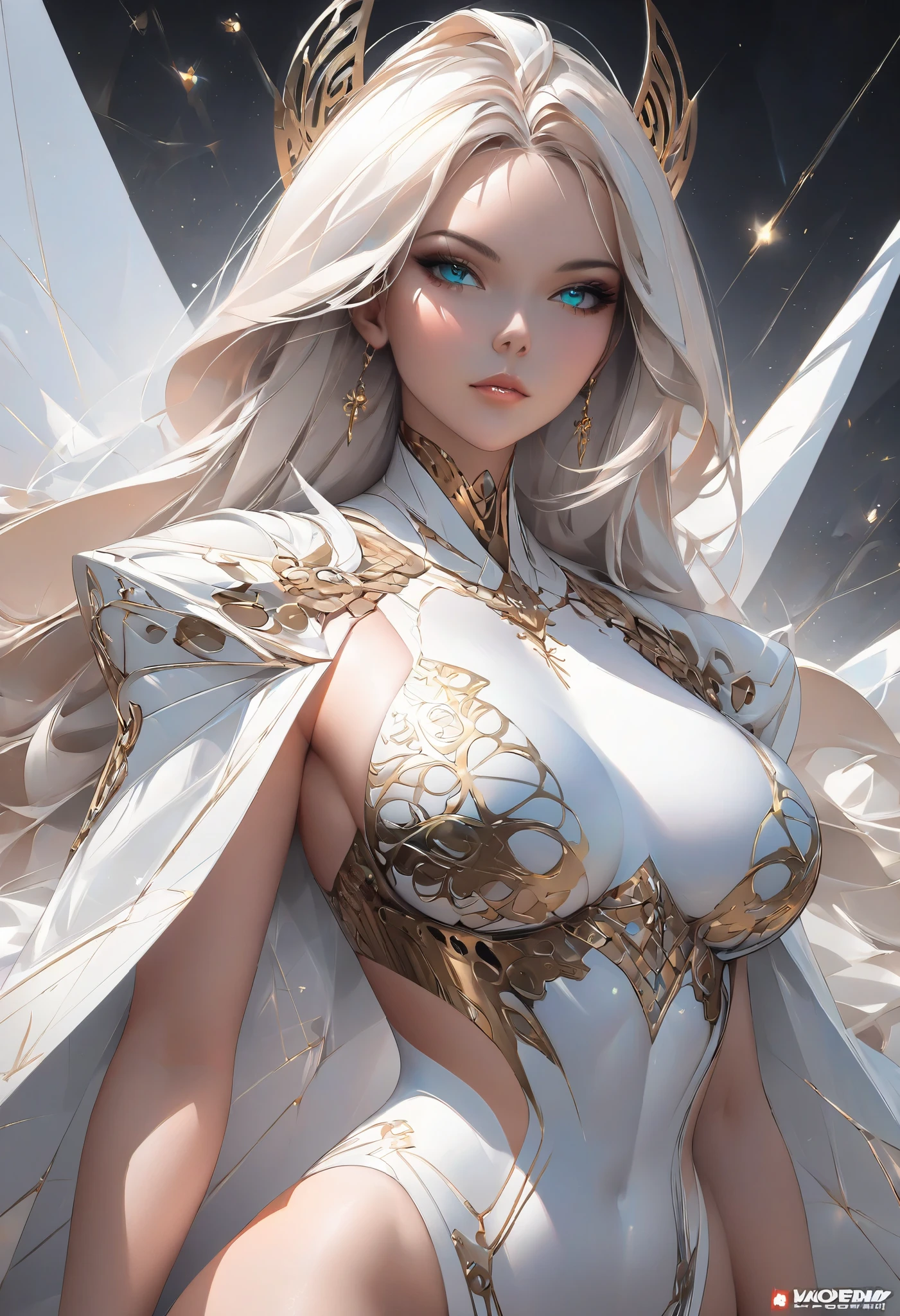 (masterpiece、top-quality、top-quality、Official art、Beautifully Aesthetic:1.2)、(1girl in)、Highly detailed、(Fractal Art:1.3)、colourfull、highest details, Nine-Tailed Fox, 9 White, Black fox ears, Devil's Cat's Eye, Foxes inspired by Japan's divinity, Transparent clothes of fantastic celestial warriors, Elaborately embellished with gold, Fantasy Japan Background, Soft smile, ultra-sexy, Big breasts, anatomically, Fine wraist with large defined hips, Soft expression, A smile, Silver long hair, Wave, Facing the front, Hair is spreading