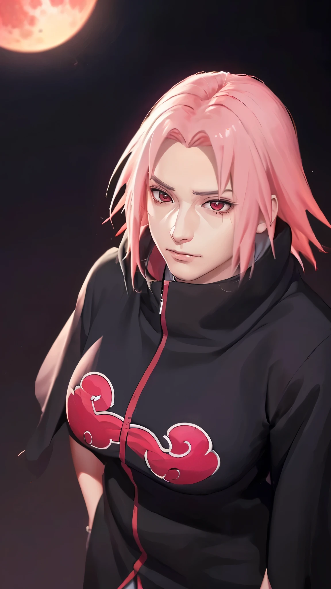 (((figure,御姐figure,White and tender skin,(((akatsuki outfit,coat, cloak, black coat, black cloak, ( Xiao uniform :1.5), ))),(((Sasuke Boruto,sakura warshippuden, red eyes, bangs,Pink short hair))),,((masterpiece)), highres icon,((Best quality at best)),masterpiece,quality,Best quality,((( to the audience,Light in the eyes,sneer))), huge ,Backlight,The light is very dim,look up,From above,crow,Red Moon,The background of depression and horror)))