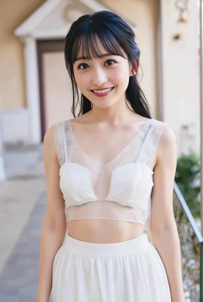 standing, belly button, (High resolution:1.3), (16K, Realistic, RAW Photos, Best image quality: 1.4), Japanese, (One Girl), (Realistic Skin), Beautiful skins, charm, 超High resolution, High detail, Golden Ratio, Highly detailed cute girl, White Background, smile, (flat chests:1.8)