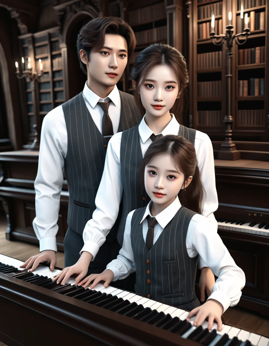 sketch Korean man ((with brown eyes)), Beautiful, brown short hair in a white shirt,  dark gray classic vest , dark gray trousers stands behind the girl and teaches her to play the photopiano tilting his head on the girl's shoulder,.  playing piano in four hands girl sitting meanwhile at the piano with brown long hair and blue eyes,  in a short emerald-colored board against an arafed background. A room with a piano and a window in it , gothic epic library concept, gothic epic library, gothic library, alchemist library , unreal engine render concept art, castle library, dusty library,  unreal fantasy art engine, ancient library, library of ruina concept art, photorealistic dark concept art,  dramatic lighting . concept art, inside a castle library, Старая библиотека photo realistic illustration, hyper realistic illustration, realistic illustration, photorealistic detail , hypper realistic illustration, extreme realistic detail, photorealistic detail ed picture, с unreal engine render concept art, ), Ultra-detailed and beautiful face,( Gentle facial expression :1.1),translucent white skin,(Реалистичный skin texture:1.1), , Bold design , Art design ,Beautiful and detailed pattern, Detailed fabric texture,