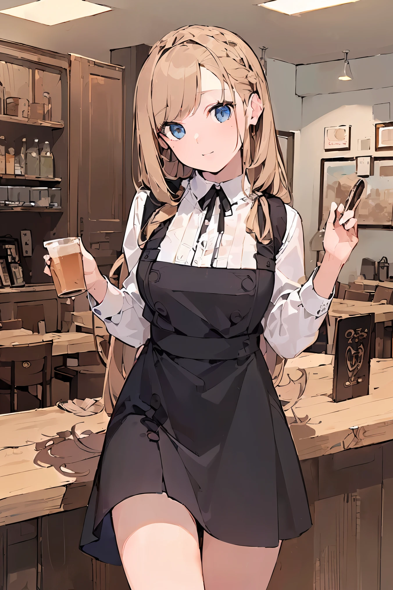 (((Best quality, 8k, Masterpiece: 1.3)), ((best quality)), ((masterpiece)), (detailed), perfect face, perfect body, (detailed skin:1.3), (intricate details), swept bangs, low-braided long hair, pinafore dress, cowboy shot, cafe, Cafe clerk, waitress