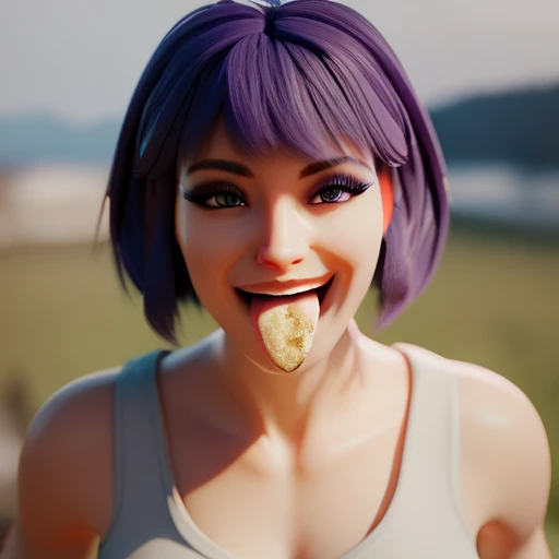 , Bob Hair　Purple Hair,  Hide Ears ,  long eyelashes , Tongue out, smile,  food is on my face,  3D rendering , 