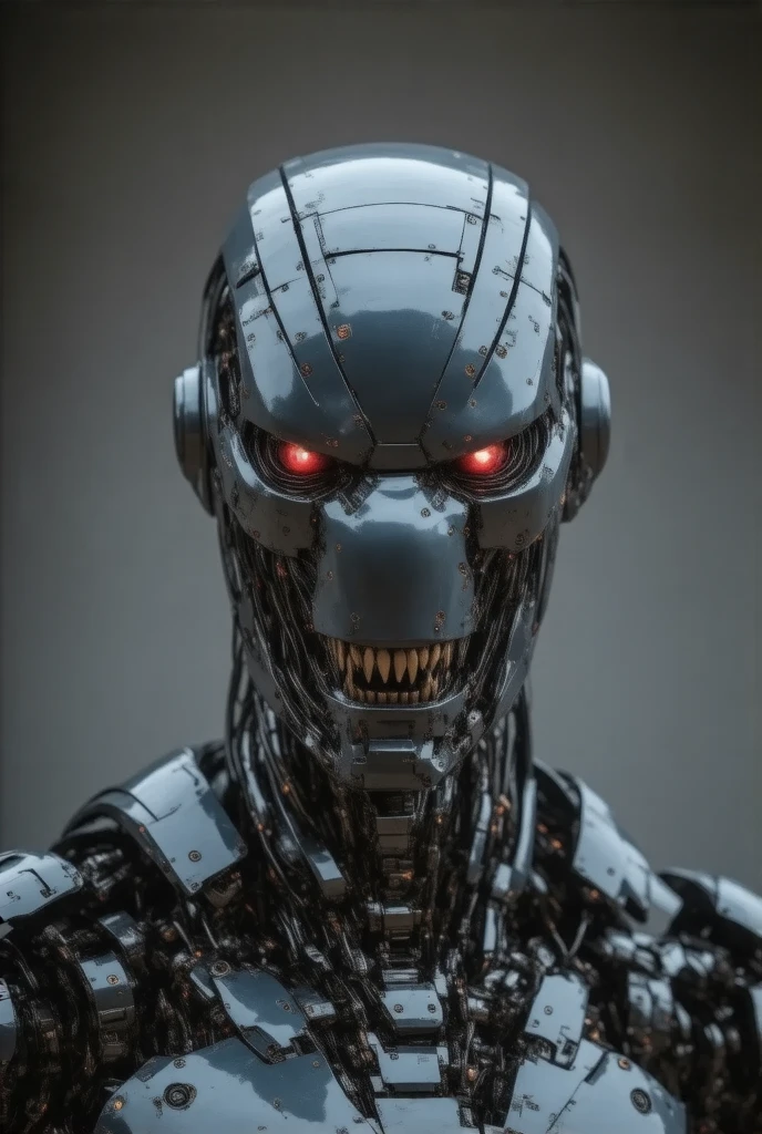 Create a CLOSEUP image , very high resolution ,  of a cybernetic face with extremely precise details .  The face must be a fusion of human and mechanical elements , } with gray skin that looks like a mix of organic and metallic material .  The eyes must be bright red ,  emanating an intense light .  The head must be adorned with armor or helmet that extends backwards ,  with pointed and geometric details .  The facial expression must be severe and threatening ,  with a slightly open mouth revealing sharp teeth . Lighting should be dramatic,  with red lights highlighting the contours and details of the face .  Use a high-quality camera to capture every detail with clarity and depth. the image is taken with a Canon EOS R5 80mm , HDR, UHD, FIRST WORK,  intricate details ,  lighting over the face sufficient to minimally detail the features .


