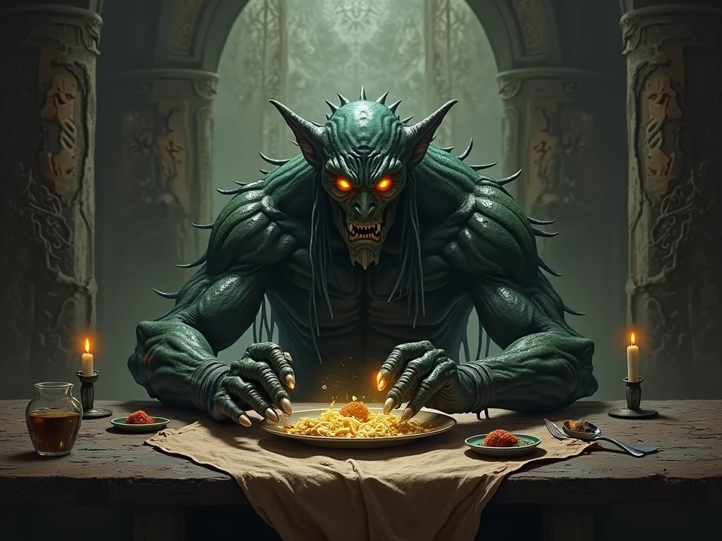 highly detailed masterpiece of a elven cannibal at a gaudy banquet, elaborate background, people look disgusted <lora:Envy Heavy Armor - 01 - SDXL:0.75>