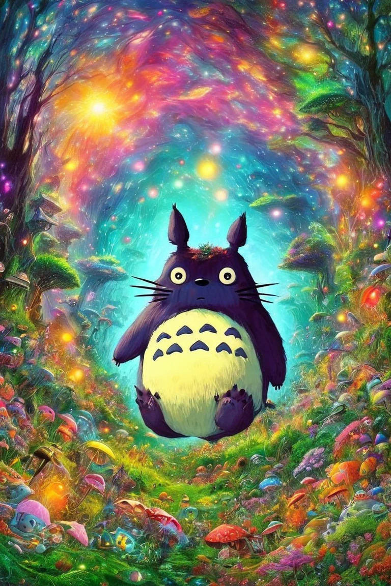 森の中に立っているTotoro、Totoro、my neigbor  stretch , dreamy  psychedelic  anime,  stretch , Vivid cartoon art, of  stretch , Trippy Art, “ stretch , It&#39;s a deep dream,  Studio Ghibli and Mumford ,  psychedelic  art style, Ghibli colorful ,  psychedelic !!!!!!!!!!!!!!!!!!!!!, Ghibli atmosphere,  psychedelic  trip,  stretch  sitting in a forest