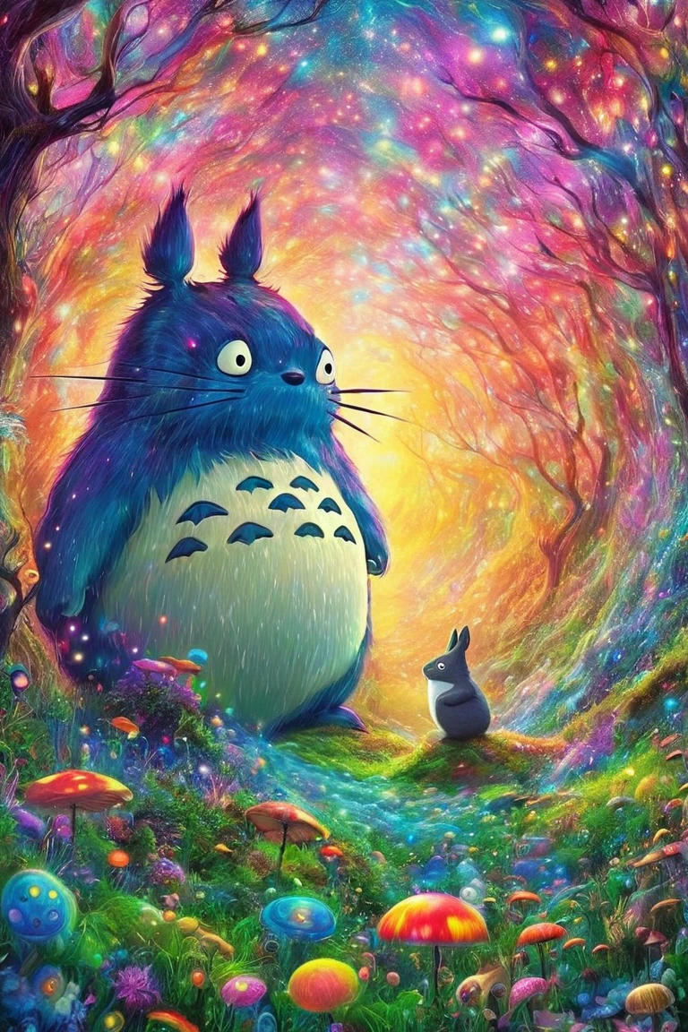 森の中に立っているTotoro、Totoro、my neigbor  stretch , dreamy  psychedelic  anime,  stretch , Vivid cartoon art, of  stretch , Trippy Art, “ stretch , It&#39;s a deep dream,  Studio Ghibli and Mumford ,  psychedelic  art style, Ghibli colorful ,  psychedelic !!!!!!!!!!!!!!!!!!!!!, Ghibli atmosphere,  psychedelic  trip,  stretch  sitting in a forest