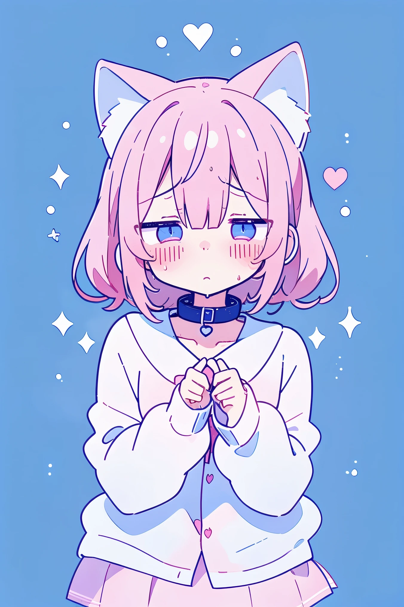 nsfw,short, Light pink inner color hair、 Cardigans 、 pink skirt、 wear a collar 、 elementary school girl、Very beautiful and Sparkling Eyes、Sparkling Eyes、1 person、Cat ears、((((( )))))、heart❤、((sweat、vapor))