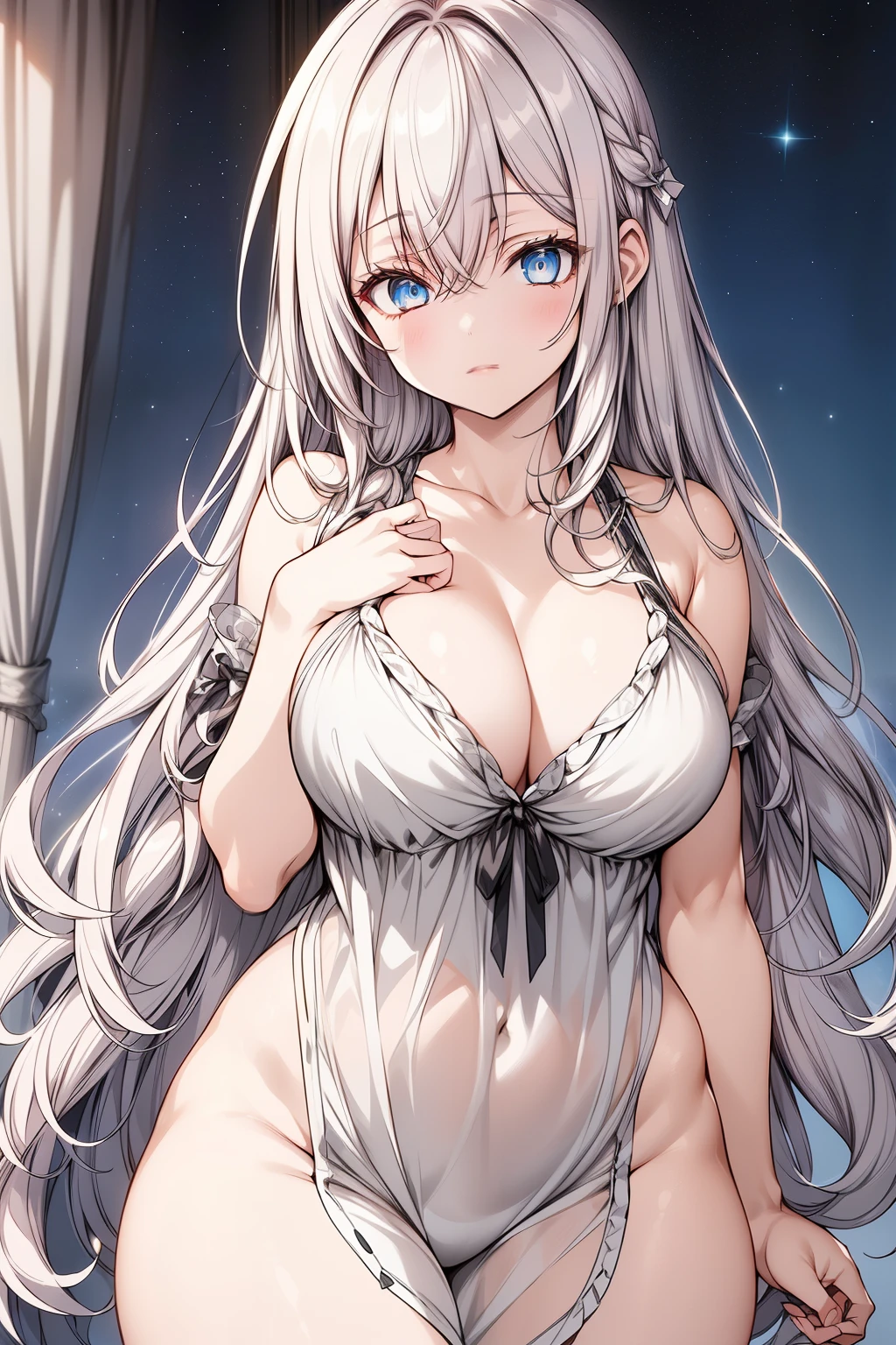 "A stunning night scene with a girl wearing delicate white sleepwear, her long white hair flowing elegantly, and her striking blue eyes shining brightly under the soft moonlight. Her eyes are incredibly detailed, with a sharp focus on their natural shine and depth. The sleepwear fits perfectly, highlighting her graceful figure with wide hips and a subtle bust, elegantly emphasizing her curves. The background is a peaceful, starry night sky with soft glowing lights in the distance. (Anime style, ultra-high definition, intricate textures on the hair and clothing, soft lighting with sharp shadows, highly detailed facial features and eyes, 8K resolution, HDR-10, Masterpiece quality, body proportions: good anatomy, sleepwear design: 1.0, chest details: 1.2, hips: 1.3, eyes detail: 1.0, atmosphere: 1.2)."